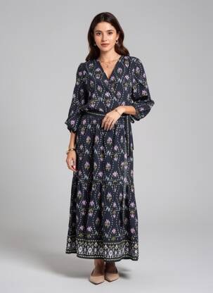 Robe longue imprimé fantaisie manches 3/4 bleu BA&SH femme