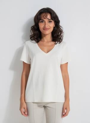 T-shirt col v manches courtes beige MAJESTIC FILATURES femme