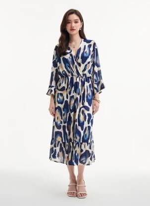 Robe mi-longue coupe fluide manches longues bleu 2W PARIS femme