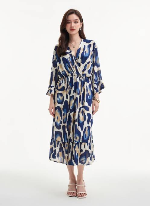 Robe mi-longue coupe fluide manches longues bleu 2W PARIS femme