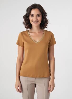 T-shirt col v manches courtes marron C'EST BEAU LA VIE femme