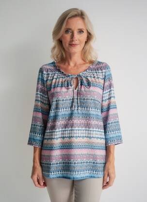 Top imprimé fantaisie manches 3/4 bleu PLURIELLES femme