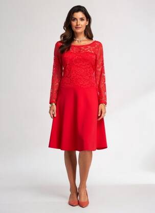 Robe mi-longue manches longues manches longues rouge CHARMING GIRL femme