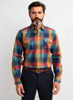 Chemise manches longues imprimé carreaux bleu DELAHAYE homme
