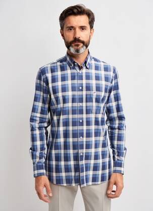 Chemise manches longues imprimé carreaux bleu CHATEL homme