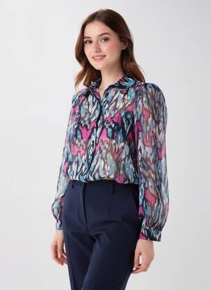 Chemisier tissage crêpe manches longues bleu GRACE & MILA femme