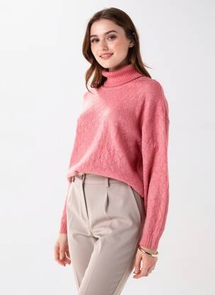 Pull col roulé maille souple et aérée manches longues rose JENSEN femme