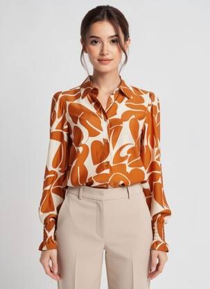 Chemisier imprimé fantaisie manches longues marron QUATTRO femme