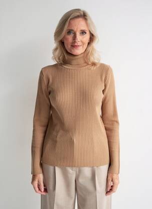 Pull col roulé tissage côtelé manches longues marron FELINO femme