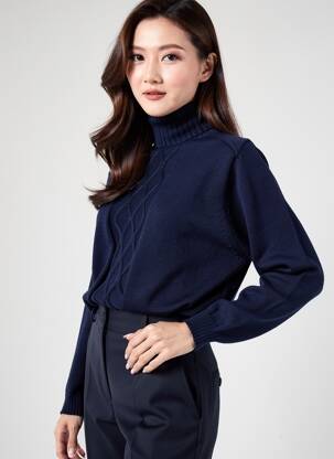 Pull col roulé stretch manches longues bleu PULL & MAILLE femme
