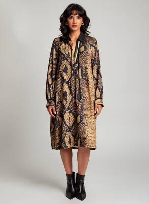 Robe mi-longue imprimé fantaisie manches longues noir MAT. femme