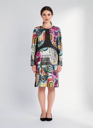 Robe mi-longue imprimé fantaisie manches longues noir OLIVIER PHILIPS femme