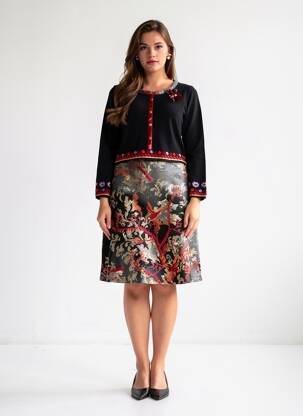 Robe mi-longue imprimé fantaisie manches longues noir OLIVIER PHILIPS femme