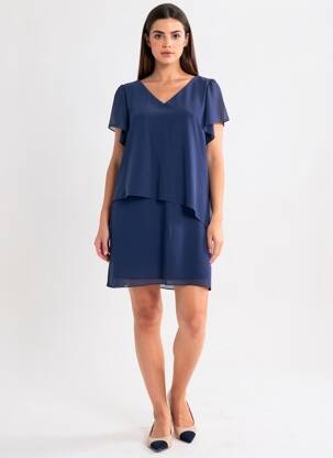 Robe mi-longue tissage crêpe manches courtes bleu TINTA femme