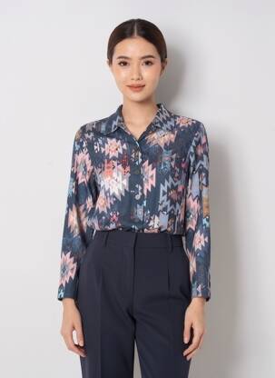 Chemisier coupe cintrée manches longues bleu GEVANA femme