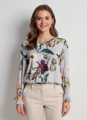 Blouse imprimé fleurs manches longues gris MADE IN ITALY femme