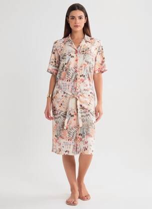 Robe mi-longue imprimé fantaisie manches courtes rose GUY DUBOUIS femme
