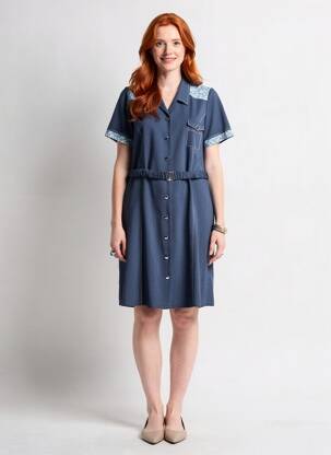 Robe mi-longue tissage crêpe manches courtes bleu GUY DUBOUIS femme