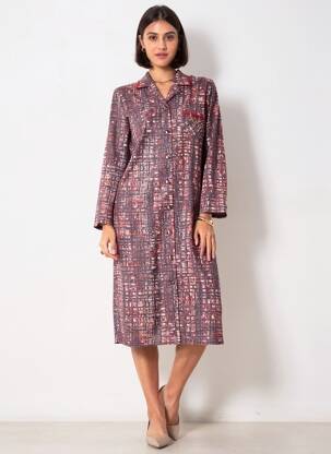 Robe mi-longue imprimé fantaisie manches longues orange GUY DUBOUIS femme