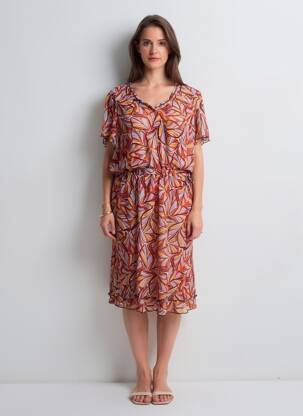 Robe mi-longue coupe fluide manches courtes orange CHRISTINE LAURE femme