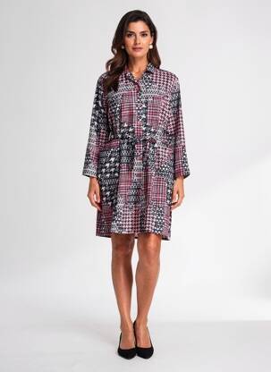 Robe mi-longue imprimé fantaisie manches longues noir FRANCE RIVOIRE femme