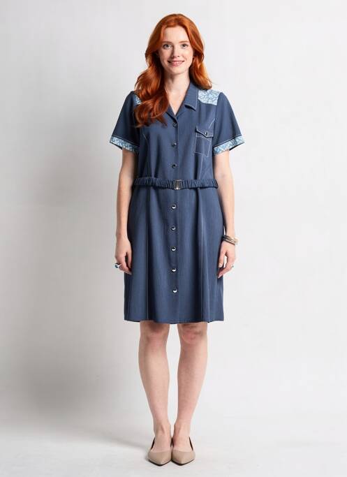 Robe mi-longue tissage crêpe manches courtes bleu GUY DUBOUIS femme