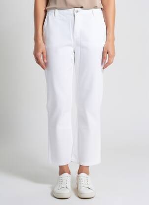 Pantalon droit fermeture zippée sous rabat boutonné blanc HAPPY femme