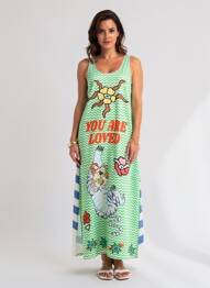 Robe longue imprimé fantaisie sans manche vert ME369 femme