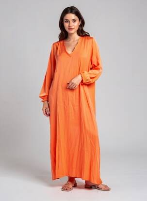 Robe longue manches longues manches longues orange ME369 femme