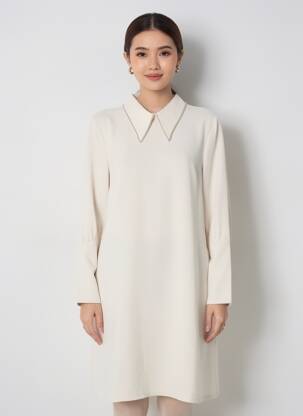 Robe mi-longue coupe fluide manches longues beige TOUPY femme