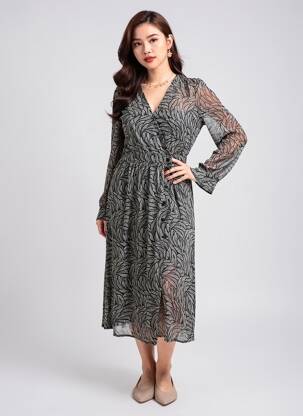 Robe mi-longue imprimé fantaisie manches longues noir IDANO femme