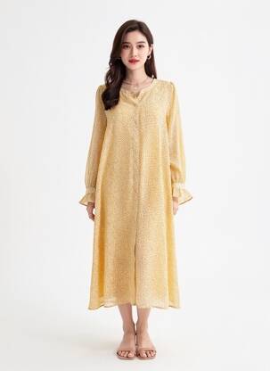 Robe mi-longue coupe fluide manches longues beige ICHI femme