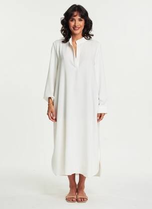 Robe mi-longue coupe fluide manches longues beige TOUPY femme