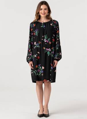 Robe mi-longue imprimé fleurs manches longues noir IDANO femme