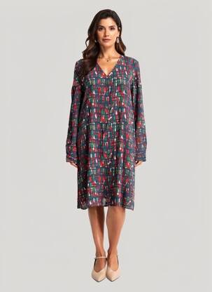 Robe mi-longue imprimé fantaisie manches longues rouge TOUPY femme