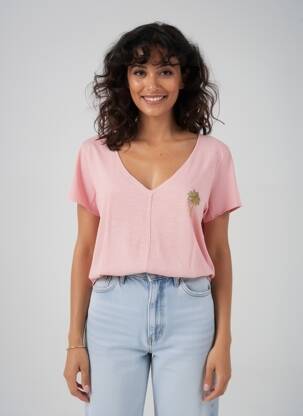 T-shirt col v manches courtes rose FIVE femme