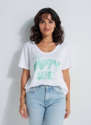 T-shirt col v manches courtes blanc HAPPY femme