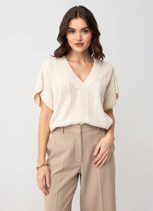 Pull col v manches courtes beige YAYA femme