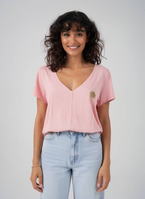 T-shirt col v manches courtes rose FIVE femme