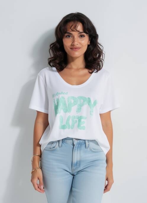 T-shirt col v manches courtes blanc HAPPY femme