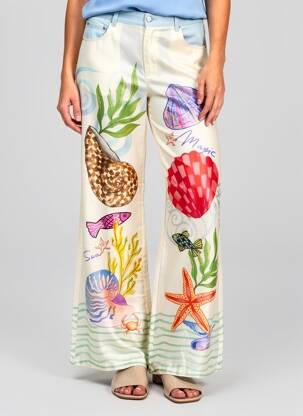 Pantalon large fermeture zippée sous rabat boutonné taille normale bleu ME369 femme