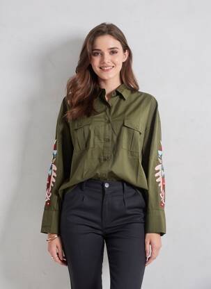 Chemisier coupe cintrée manches longues vert FIVE femme