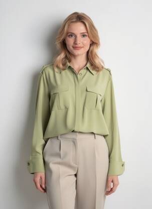 Chemisier tissage crêpe manches longues vert YAYA femme