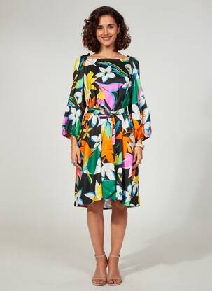 Robe mi-longue imprimé fantaisie manches longues noir JOSEPH RIBKOFF femme