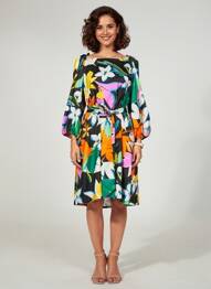 Robe mi-longue imprimé fantaisie manches longues noir JOSEPH RIBKOFF femme