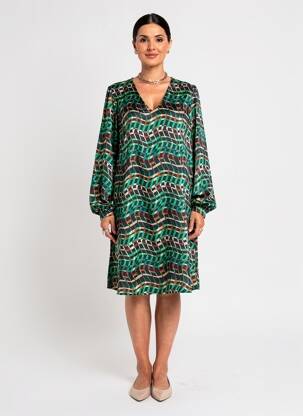 Robe mi-longue imprimé fantaisie manches longues vert JOSEPH RIBKOFF femme