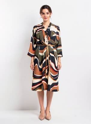Robe mi-longue imprimé fantaisie manches longues marron JOSEPH RIBKOFF femme