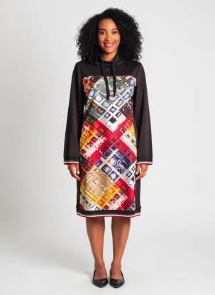 Robe mi-longue imprimé fantaisie manches longues noir DOLCEZZA femme