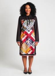 Robe mi-longue imprimé fantaisie manches longues noir DOLCEZZA femme