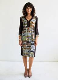 Robe mi-longue imprimé fantaisie manches longues noir DOLCEZZA femme